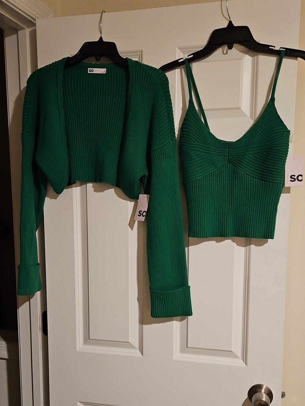 SO | Emerald Green Ribbed Knit Cropped Cardigan & Tank Set